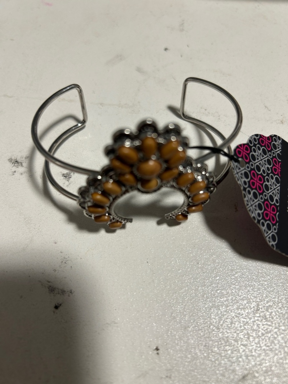 Women’s Silver-Tone Cuff Bracelet with Amber Floral Accents